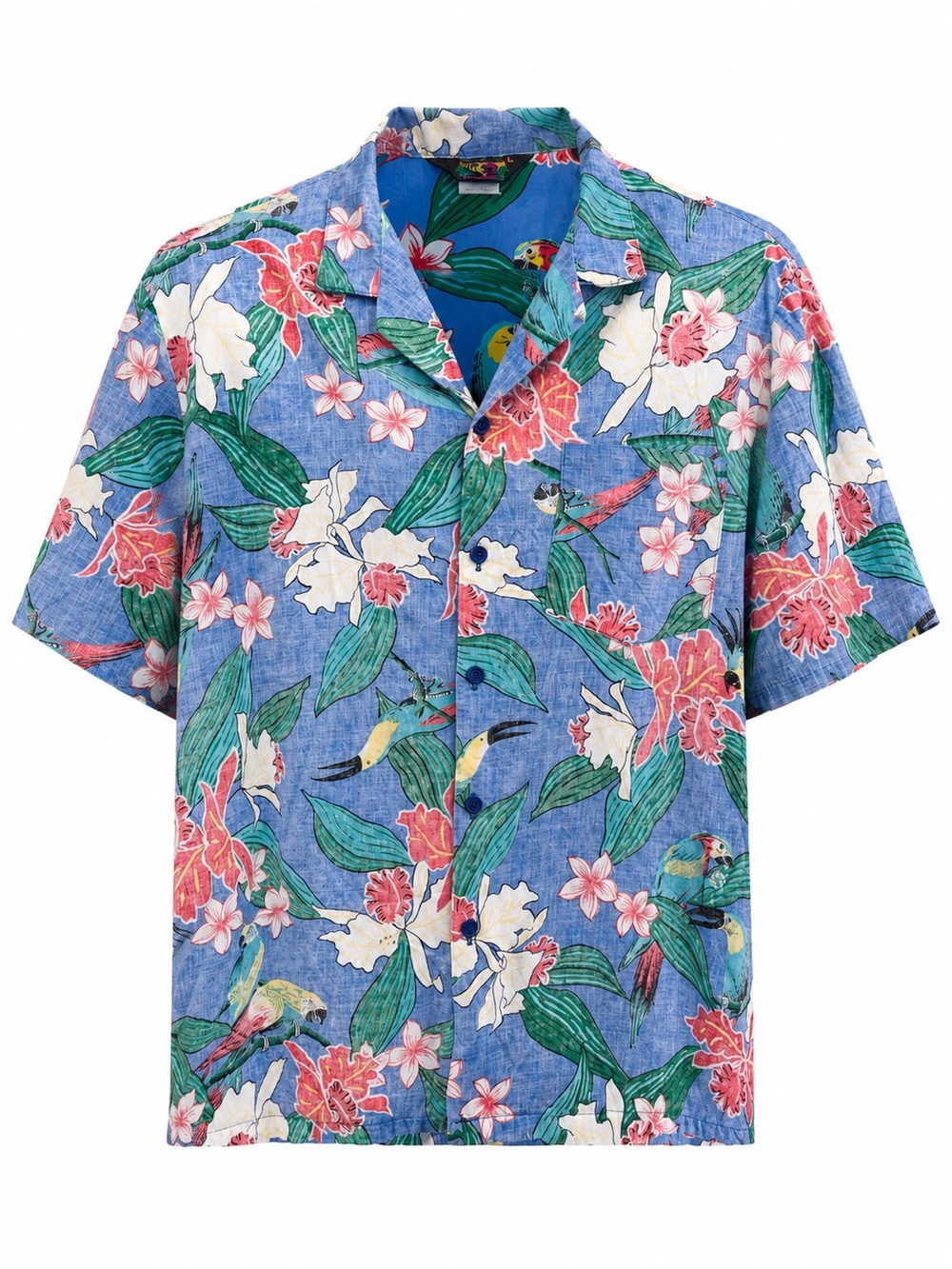 Vintage 80s Platinum Hawaiian Shirt Large USA Cotton Parrot Toucan Floral Blue